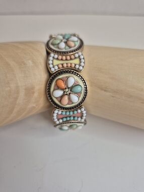 Vintage Multicolor Floral Flower Blossom Multi Disc Tile Stretch Bracelet